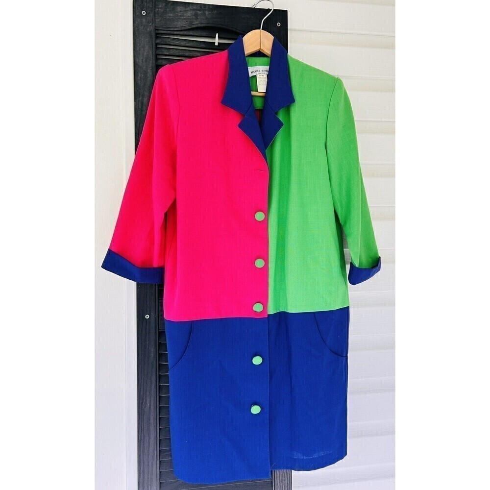 Vintage 90s Nicole Studio Purple Pink Color block Button Front Dress Coat Sz 10